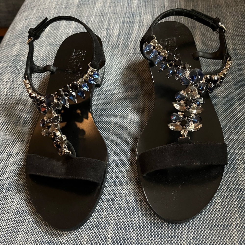 SOLD - Ferragamo Elsie Black Suede Blue Crystal Block Heel Sandal $600 6